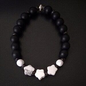 Black Stone + Gray Howlite Stars Girl Teen + Grown-Up Beaded Stack Bracelets